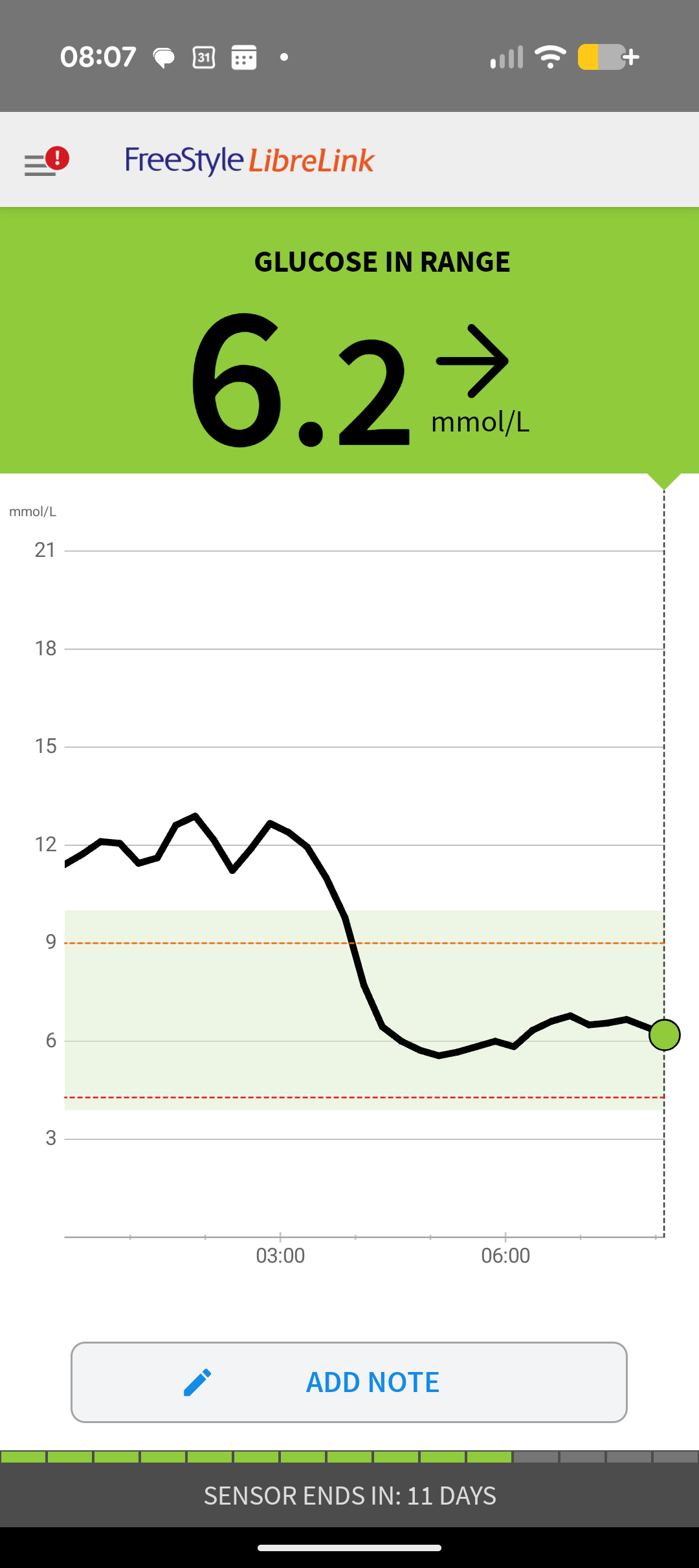 FreeStyle Libre graph showing blood sugar holding high around 12 to 13 mmol/L for hours overnight, then dropping into the target range to about 6 mmol/L by morning